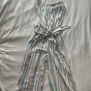 Strapless, Striped Jumpsuit with Tie Around the Middle